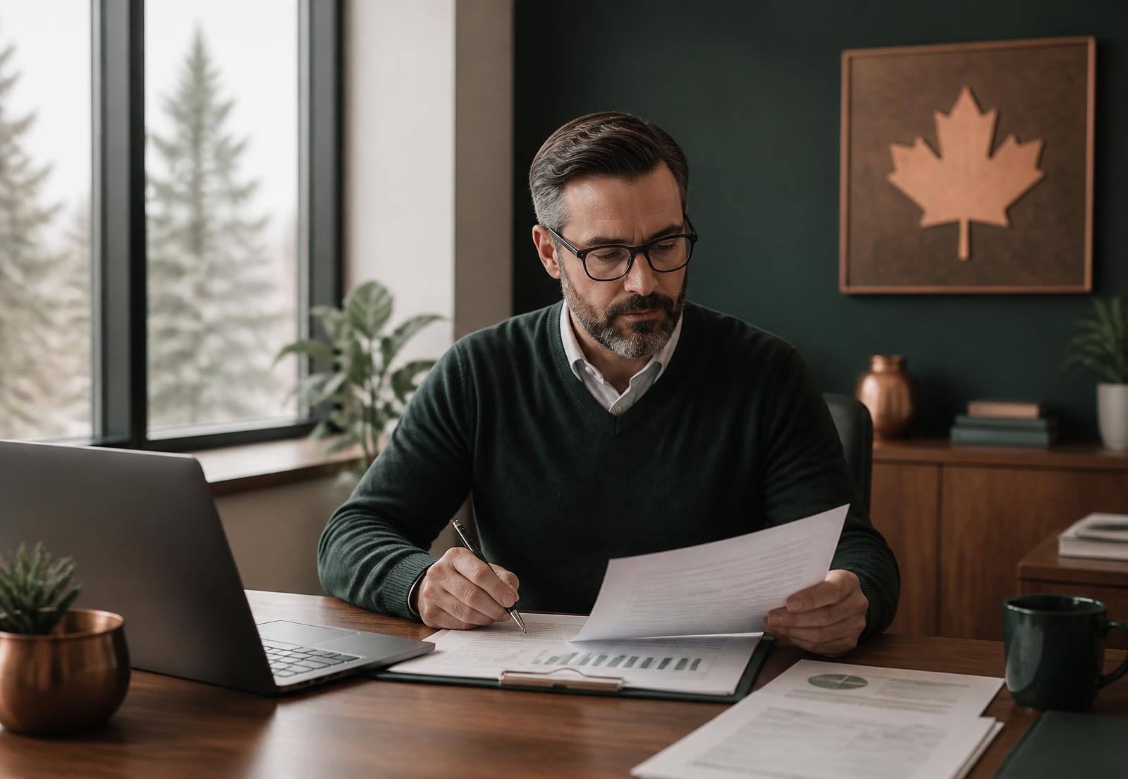 A Canadian accountant reviewing financial statements alongside a ledger on screen